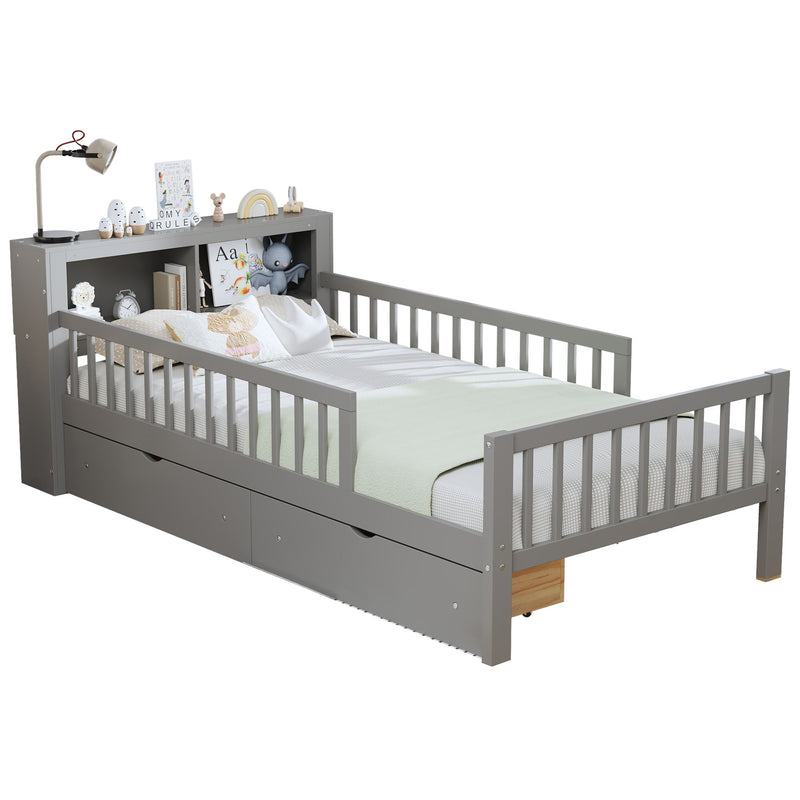 Bed With Headboard Storage Rack, 2 Under Bed Drawers, 3 Side Guardrails For Safety