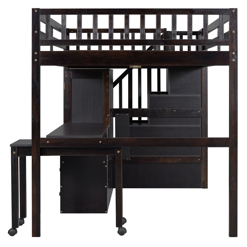 Full Size Loft Bed With Stairs, Bookshelf, Drawers, Desk & Wardrobe, Space Saving Multifunctional Furniture - Espresso