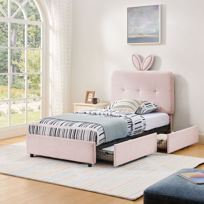 Upholstered Bed With Oversized Rabbit Ear Headboard, LED Lights & 4 Storage Drawers