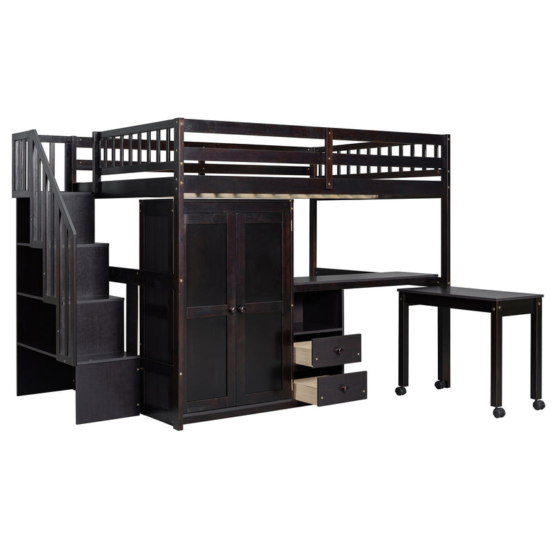 Full Size Loft Bed With Stairs, Bookshelf, Drawers, Desk & Wardrobe, Space Saving Multifunctional Furniture - Espresso