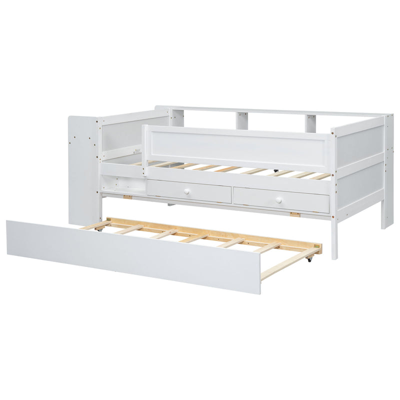 Twin Daybed With Drawers, Trundle, Headboard Storage, Study Desk, And USB Charging Station - White