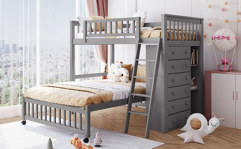 Twin Over Full Bunk Bed With 6 Drawers And Flexible Shelves, Bottom Bed With Wheels - Gray