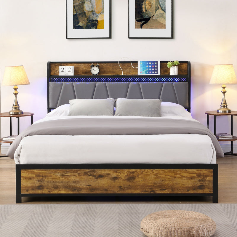 Contemporary Bed Frame With Storage Headboard, Charging Station, LED Lights