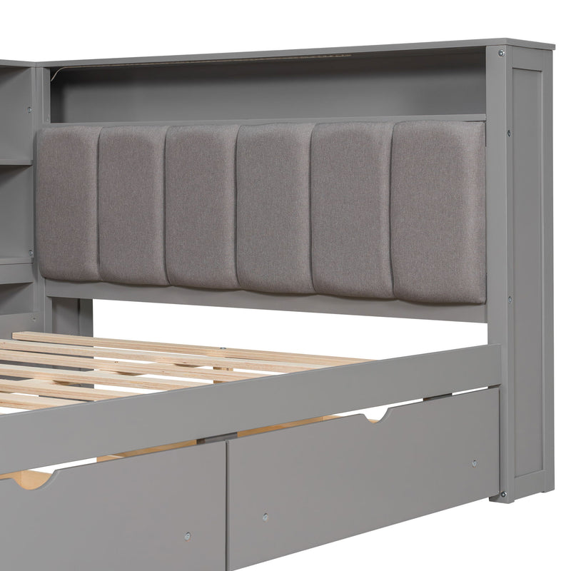 Platform Bed With Storage Shelves, Drawers, Charging Station, LED, Desk