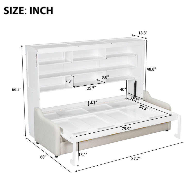 Murphy Cabinet Bed With Folding Sofa, Built In Storage Shelves And LED Light