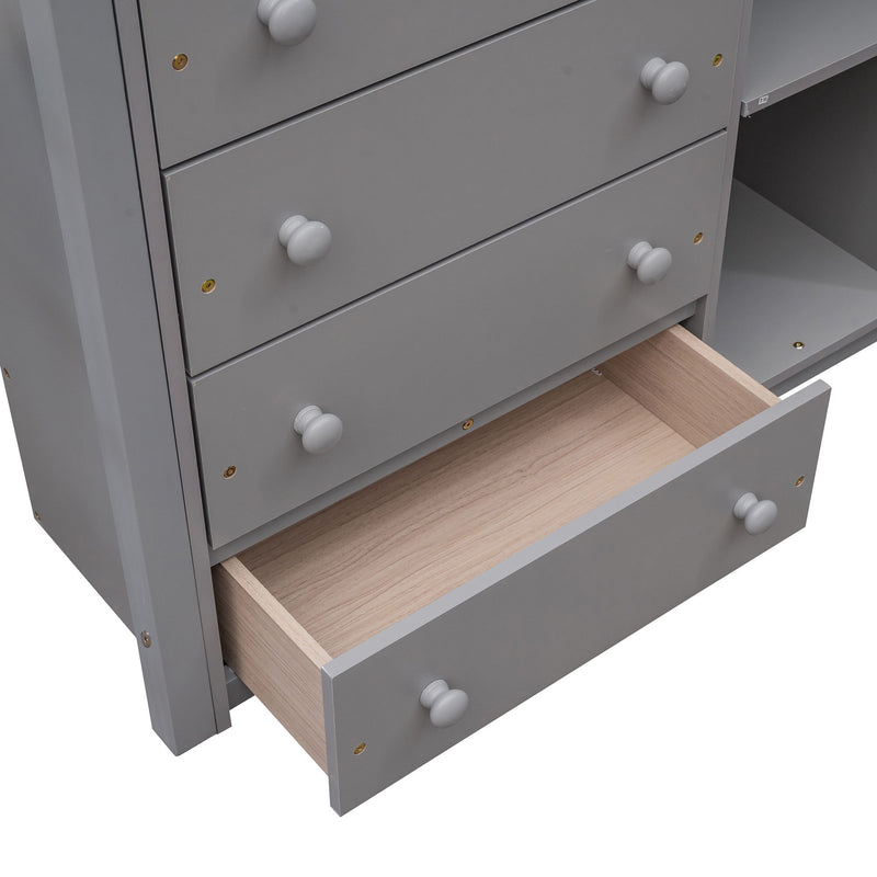 Twin Over Full Bunk Bed With 6 Drawers And Flexible Shelves, Bottom Bed With Wheels - Gray