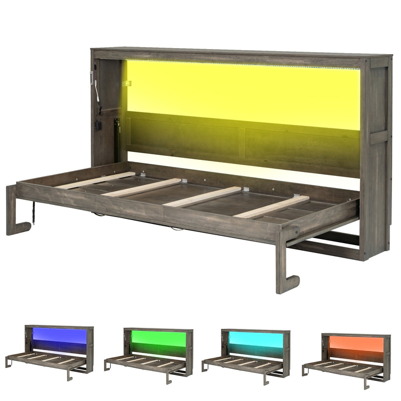 Murphy Bed With LED Light, Foldable Wall Bed Cabinet