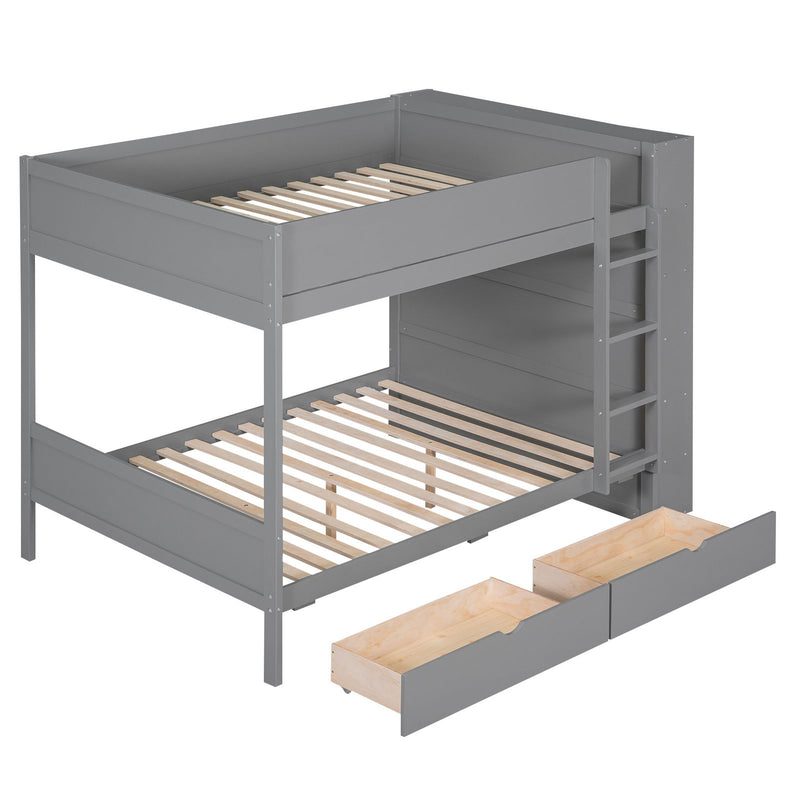 Full Over Full Bunk Bed With 2 Drawers And Multi-Layer Cabinet - Gray
