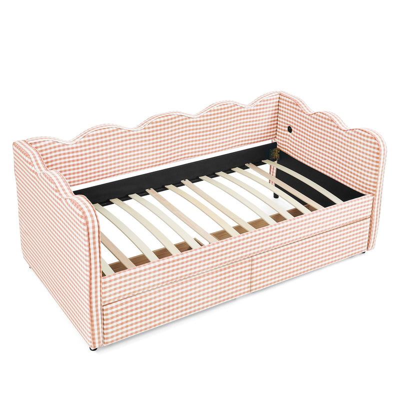 Gingham Daybed With USB Charging Port, Wave-Shaped Design