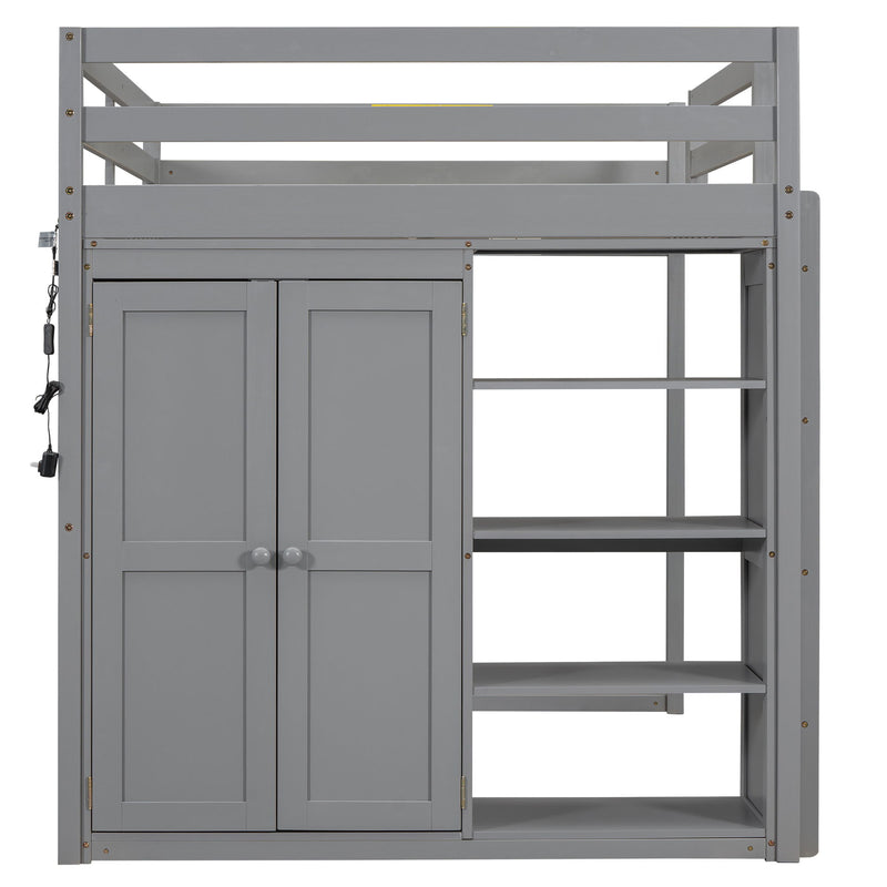 Loft Bed With Built In Wardrobe, Storage Shelves, And LED Light