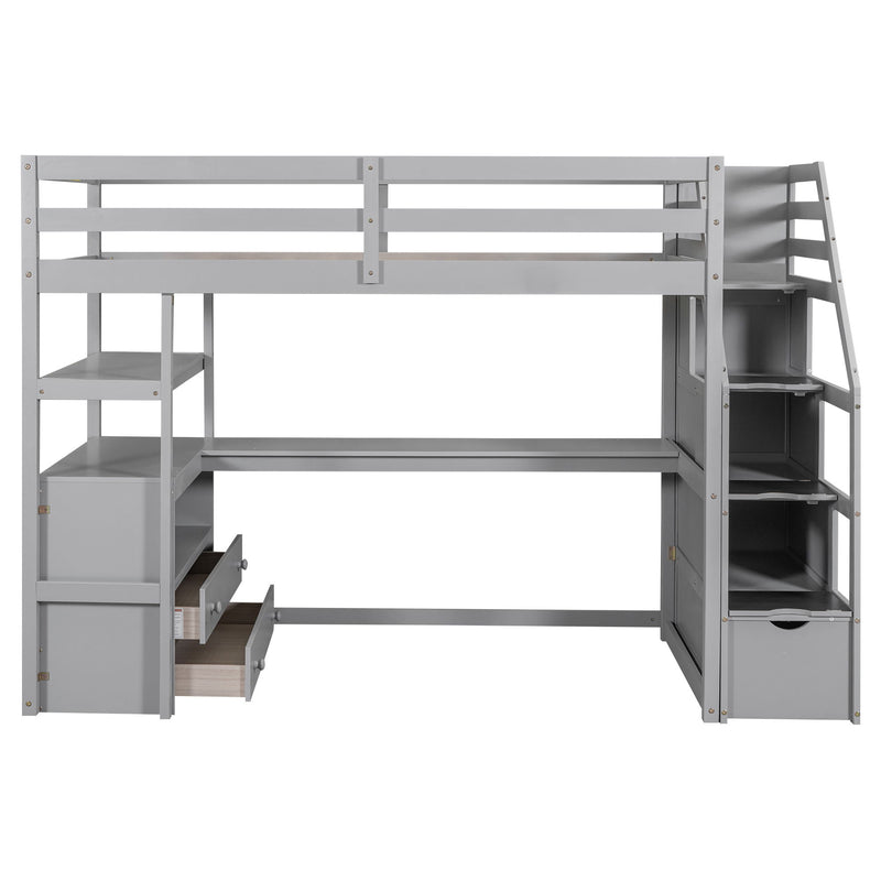 Loft Bed With Desk, Shelves, 2 Drawers, Storage Staircase