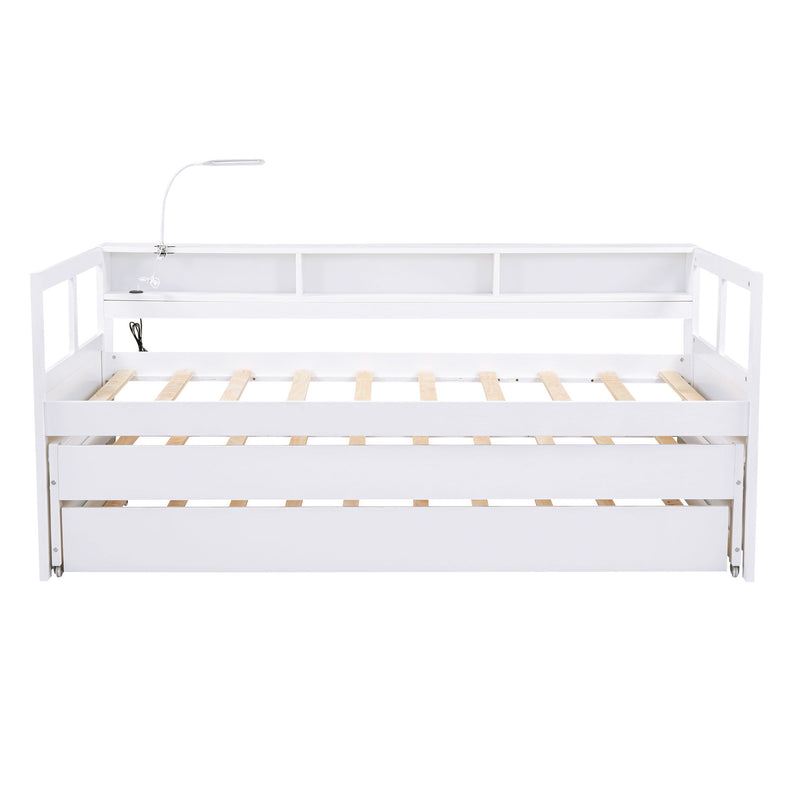 Daybed With 2 Trundles, 3 Storage Cubbies, Built In USB Charging Light