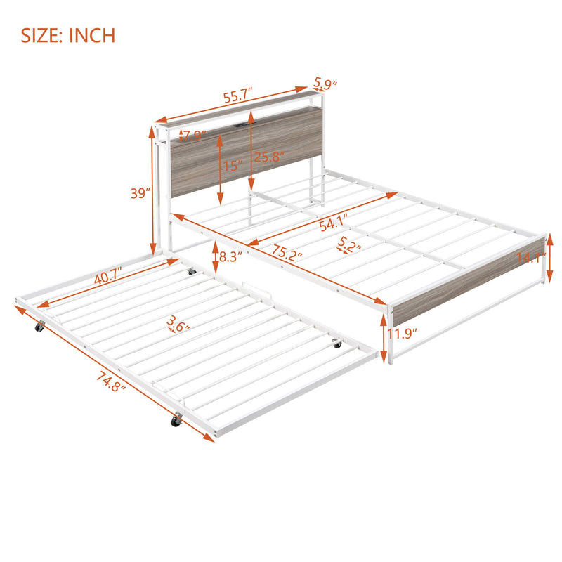 Platform Bed Frame With Trundle, USB Ports And Slat Support, No Box Spring Needed
