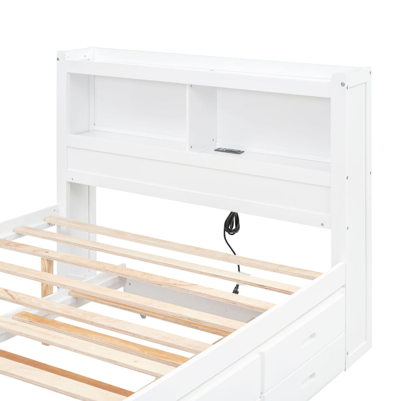 Platform Bed With Trundle, Drawers, USB Ports And Built In Shelves