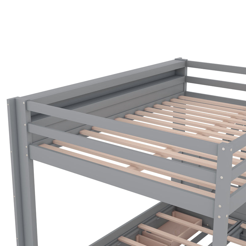 Wood Full Size Convertible Bunk Bed With Storage Staircase, Bedside Table, And 3 Drawers - Gray