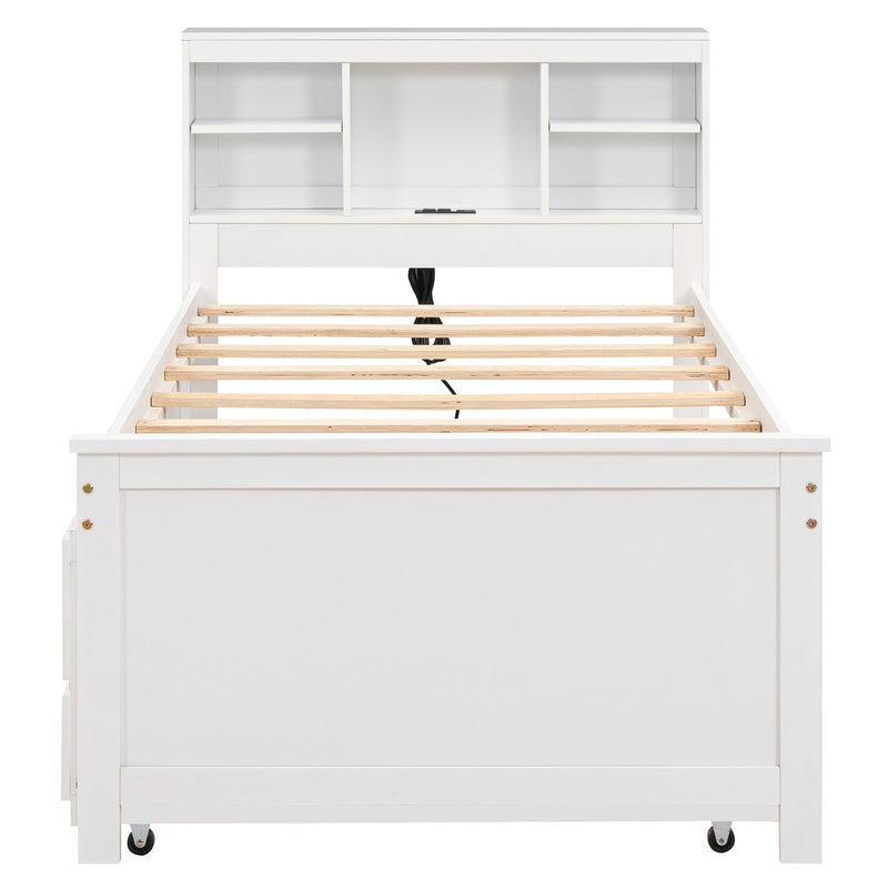 Platform Bed With Storage Headboard, USB, Trundle And 3 Drawers