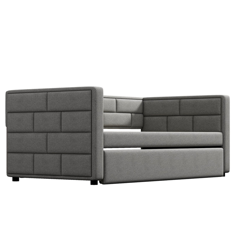 Upholstered Twin Size Daybed With Trundle, Padded Back And Sides - Gray