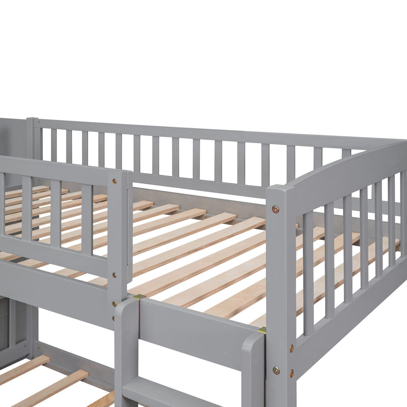 Twin Over Twin Bunk Stairway Bed With 2 Drawers And Slide - Gray