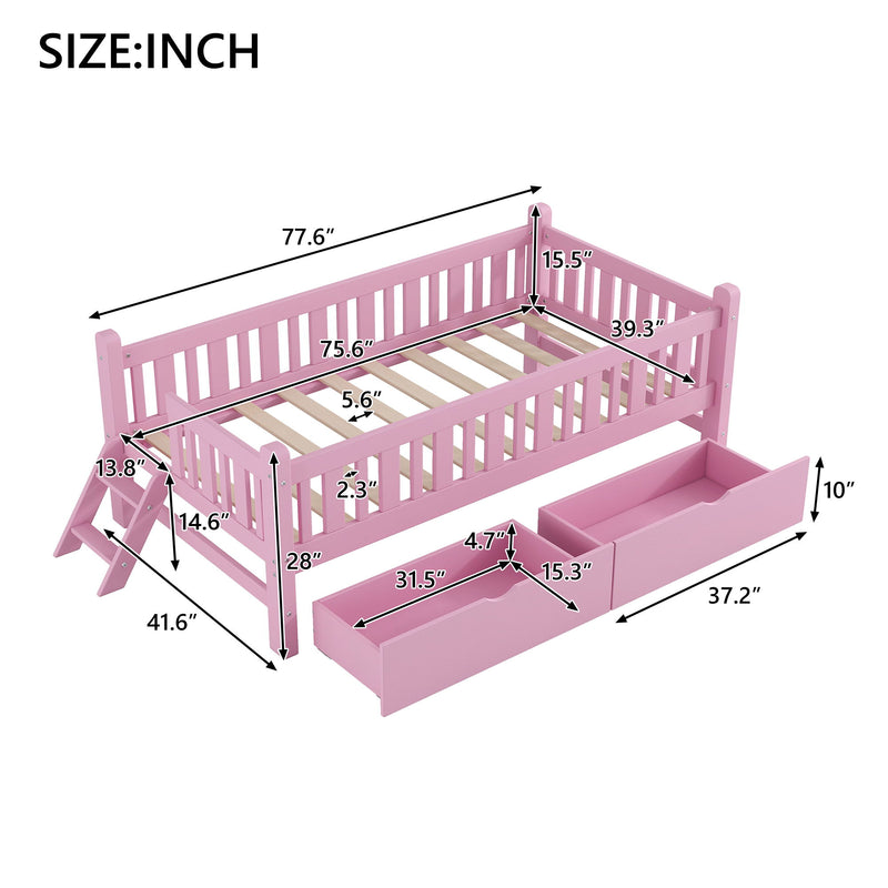 Platform Bed With Guardrail And 2 Drawers