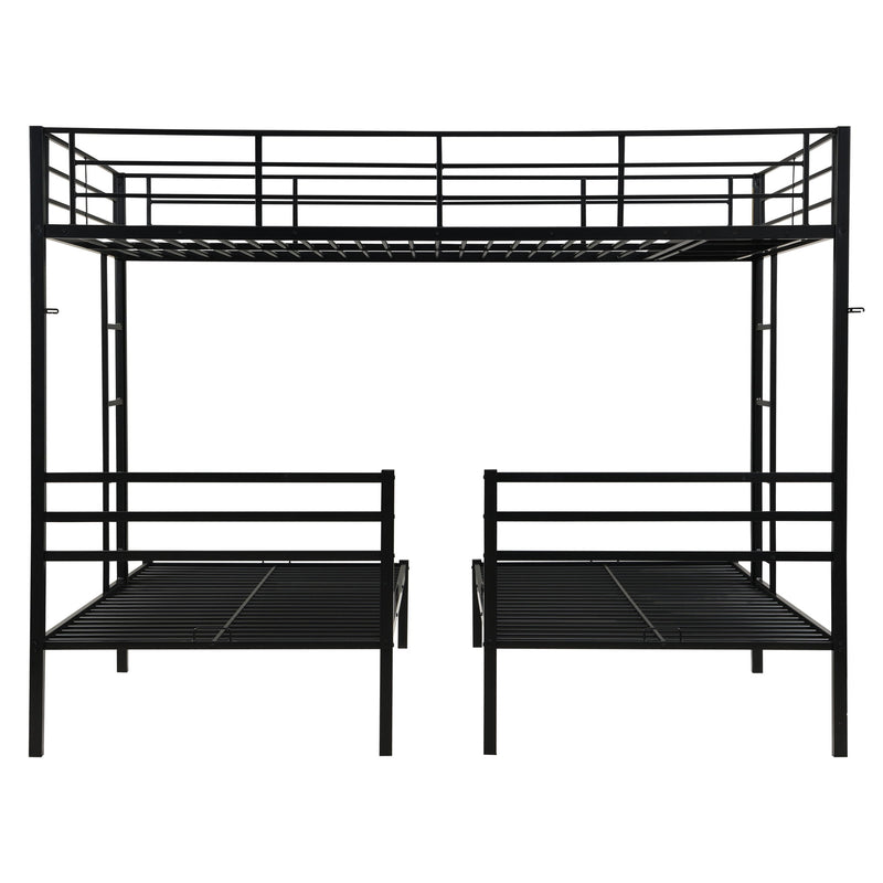 Modern Metal Triple Bunk Bed With Vertical Ladder, Safety Rail, And Storage Shelf - Black