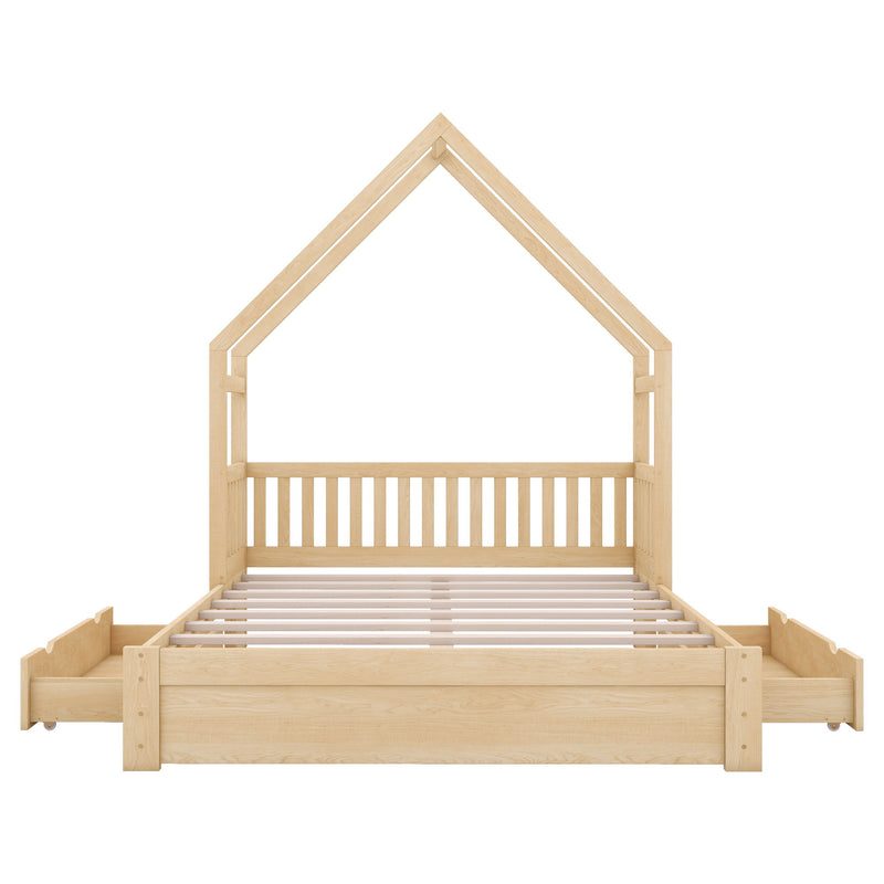 House Style Platform Bed With Guardrail And 2 Drawers
