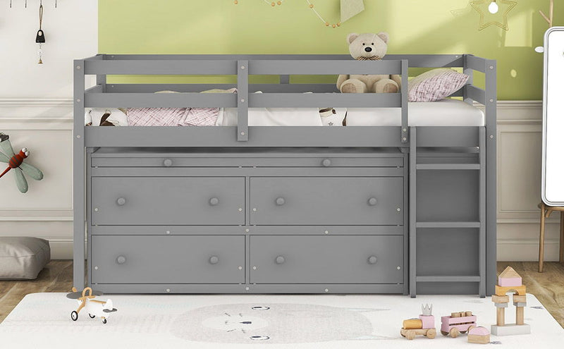 Loft Bed With Retractable Writing Desk And 4 Drawers, With Lateral Portable Desk And Shelves