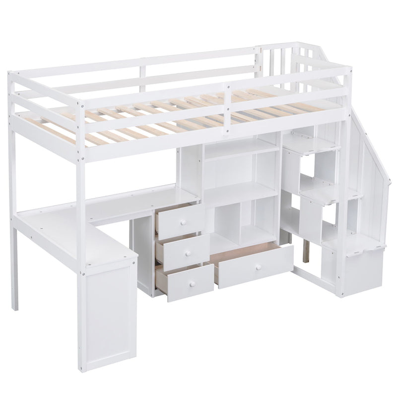 Loft Bed With L Shaped Desk, Drawers, Cabinet, And Storage Staircase