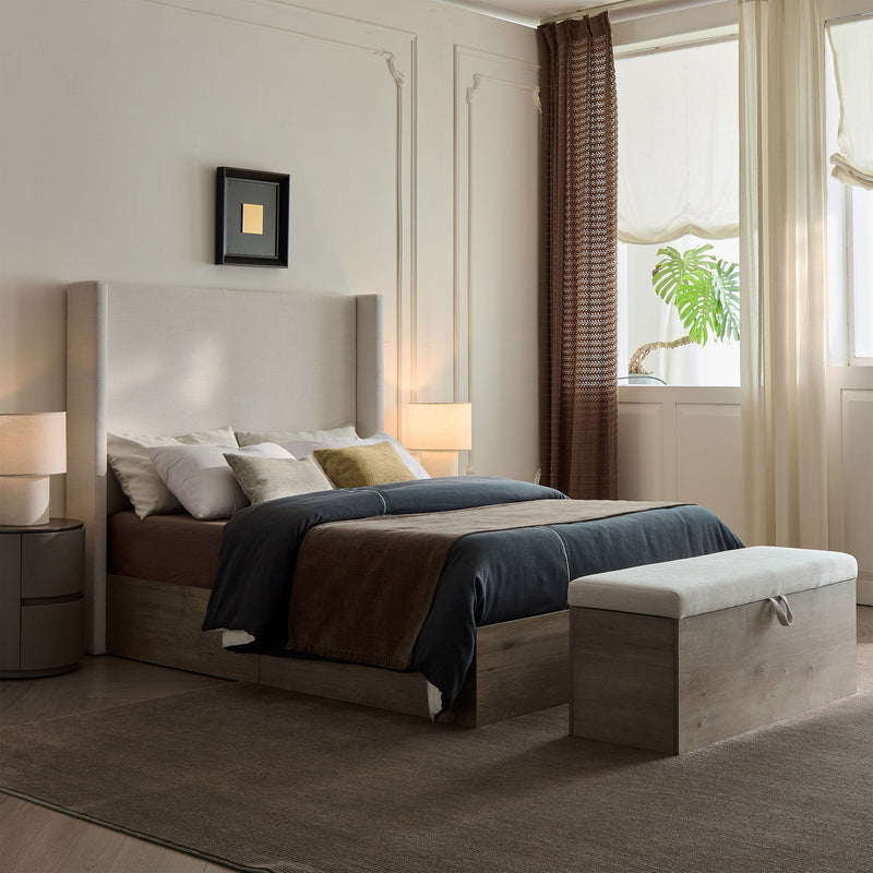 Shelton - Queen Upholstered Wingback Bed With 54" High Headboard - Ivory / Light Gray / Camel Oak