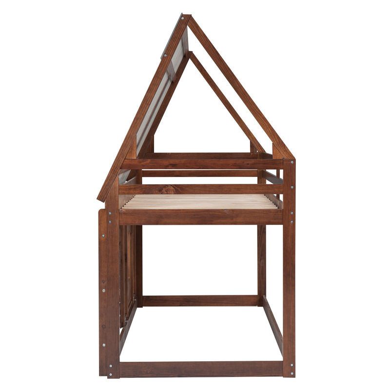 Twin Size House Bunk Bed With Roof, Ladder And 2 Windows - Brown