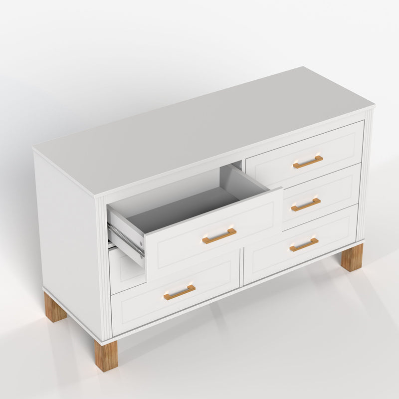 6 Drawer Double Dresser With Handles, Storage Cabinet - White