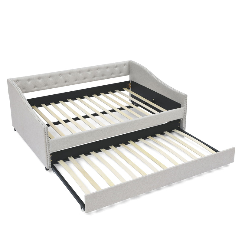 Upholstered Tufted Daybed With Drawers, Waved Arms