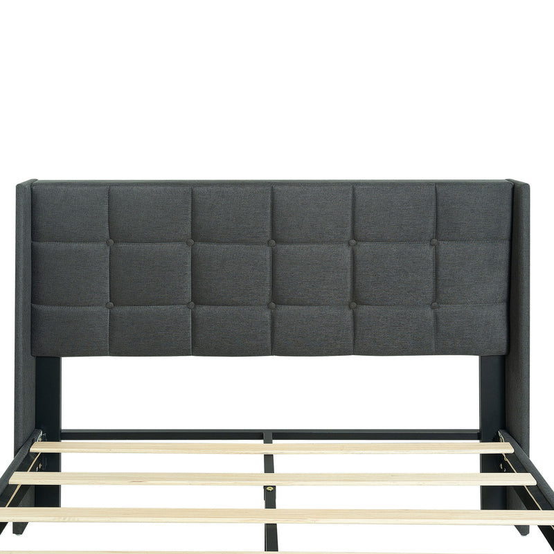 Queen Size Upholstered Platform Bed Frame With Button Tufted Linen Fabric Headboard - Dark Gray
