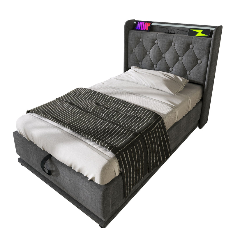 Upholstered Bed, 360 Surround LED Function, Remote Control, Hydraulic Storage Bed With USB, Type-C Charging (Without Mattress)