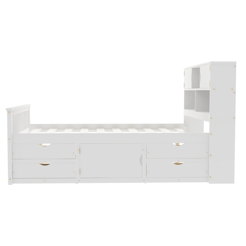 Captain Platform Bed Frame With Bookcase Headboard, 4 Drawers, Storage Shelves