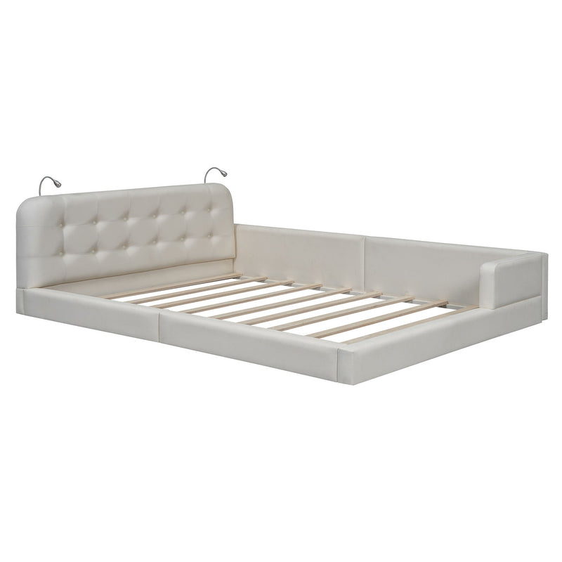 Queen Size Upholstered Platform Bed With 2 Reading Lights - White