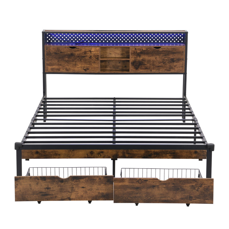 Modern Metal Platform Bed Frame With Wooden Headboard, USB Charging Station, Storage Drawers