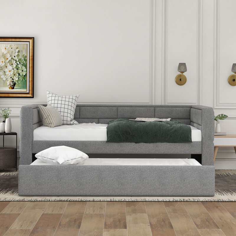 Upholstered Twin Size Daybed With Trundle, Padded Back And Sides - Gray