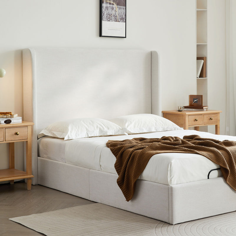 Caron - Queen Size Upholstered Wingback Bed With Adjustable Base Bundle Set - Ivory