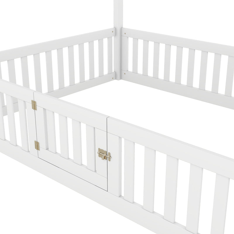 Wood House Bed With Fence And Door