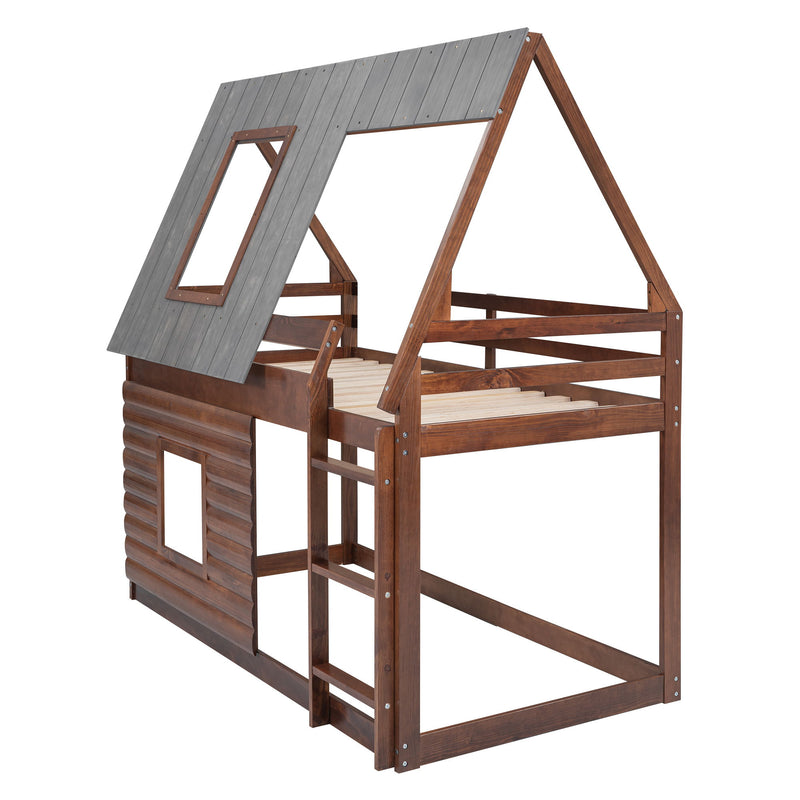Twin Size House Bunk Bed With Roof, Ladder And 2 Windows - Brown