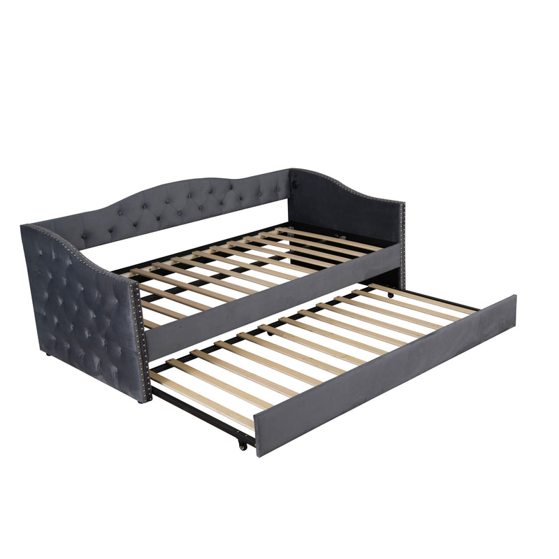 Twin Size Upholstered Daybed With Trundle And USB Charging Design For Bedroom - Gray