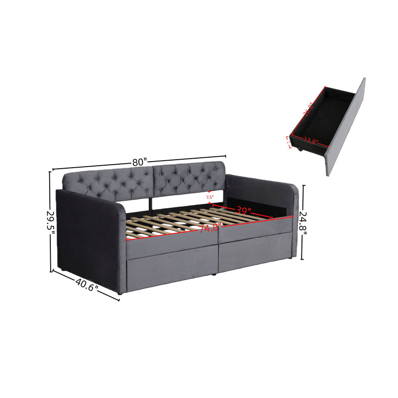 Twin Size Upholstered Daybed With 2 Storage Drawers And USB Charging Design - Gray
