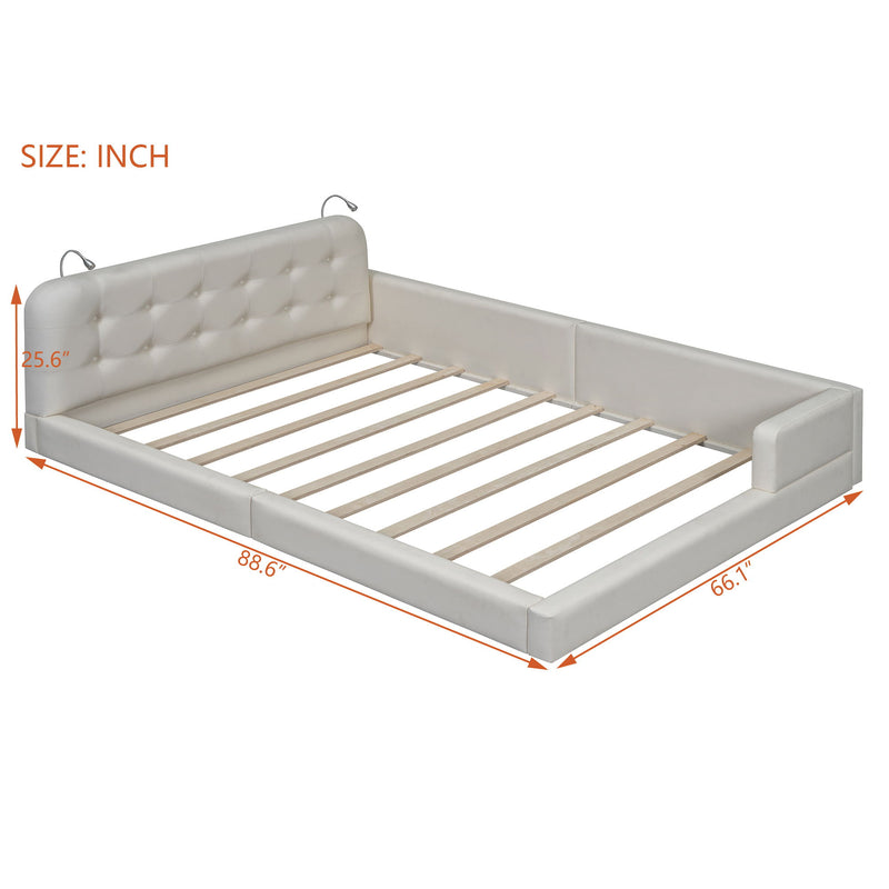 Queen Size Upholstered Platform Bed With 2 Reading Lights - White