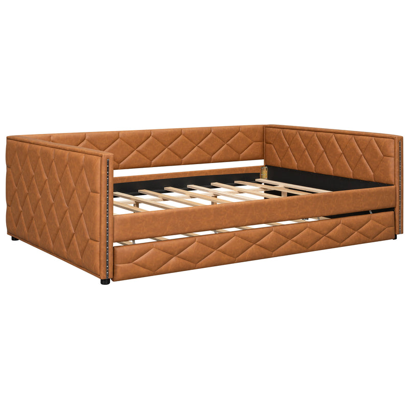 Upholstered Full Long Daybed With Trundle And LED Armrests - Brown