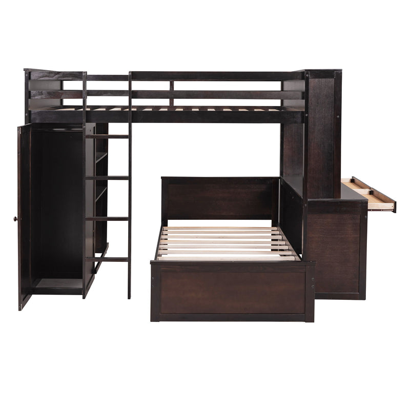 Loft Bed With A Twin Size Standalone Bed, Shelves, Desk, And Wardrobe
