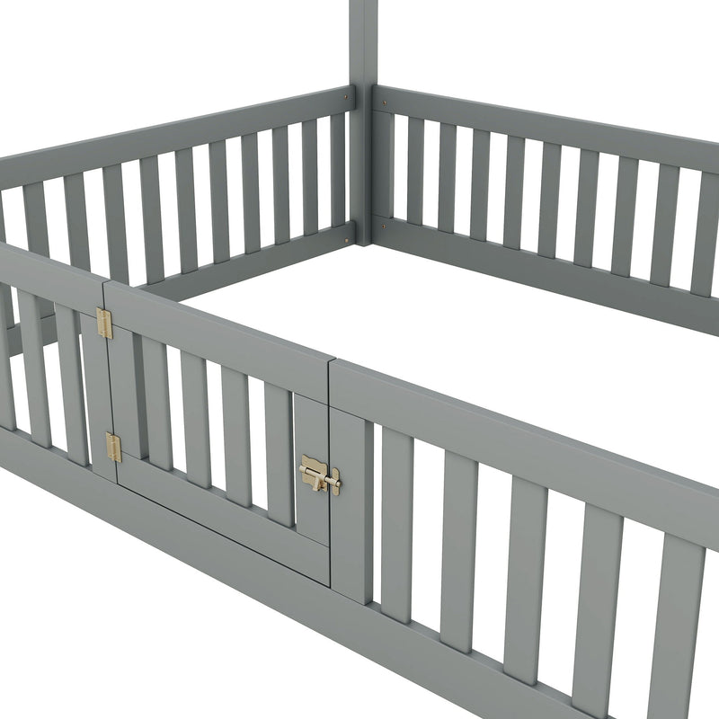 Wood House Bed With Fence And Door