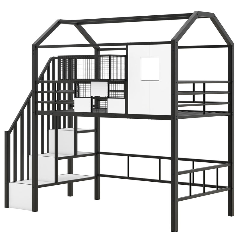 Metal Loft Bed With Roof Design And Storage Box With Guardrails And Integrated Ladder