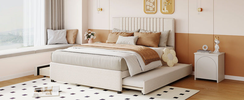 Upholstered Platform Bed With Drawers, Classic Headboard Design
