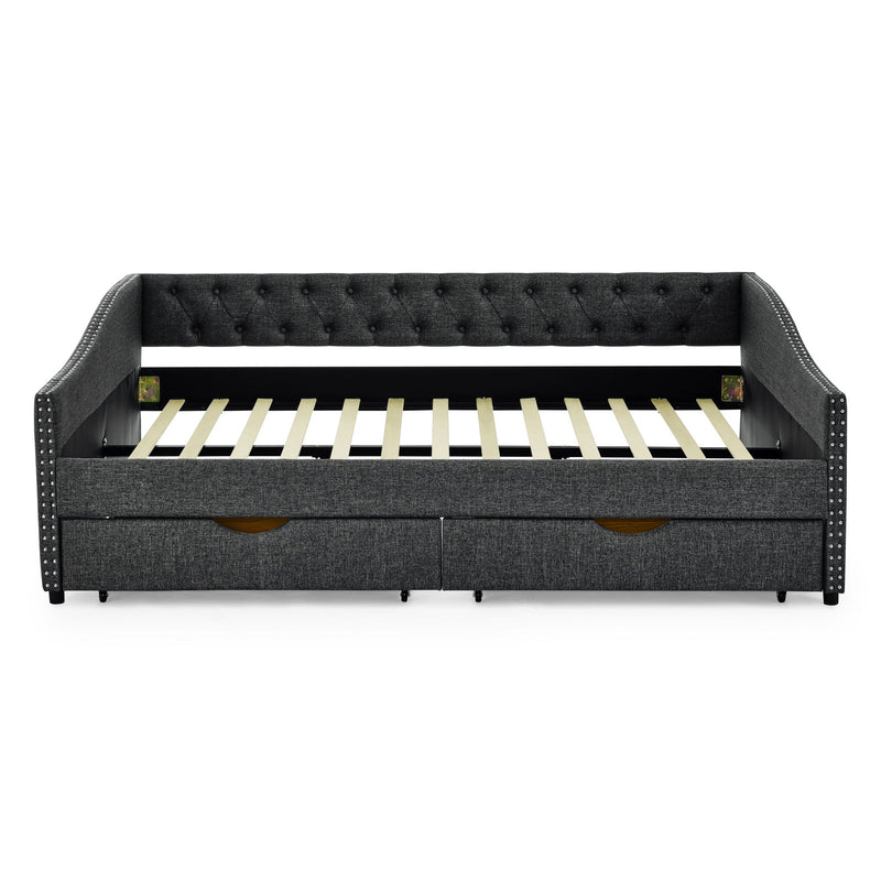 Upholstered Tufted Daybed With 2 Drawers, Waved Arms