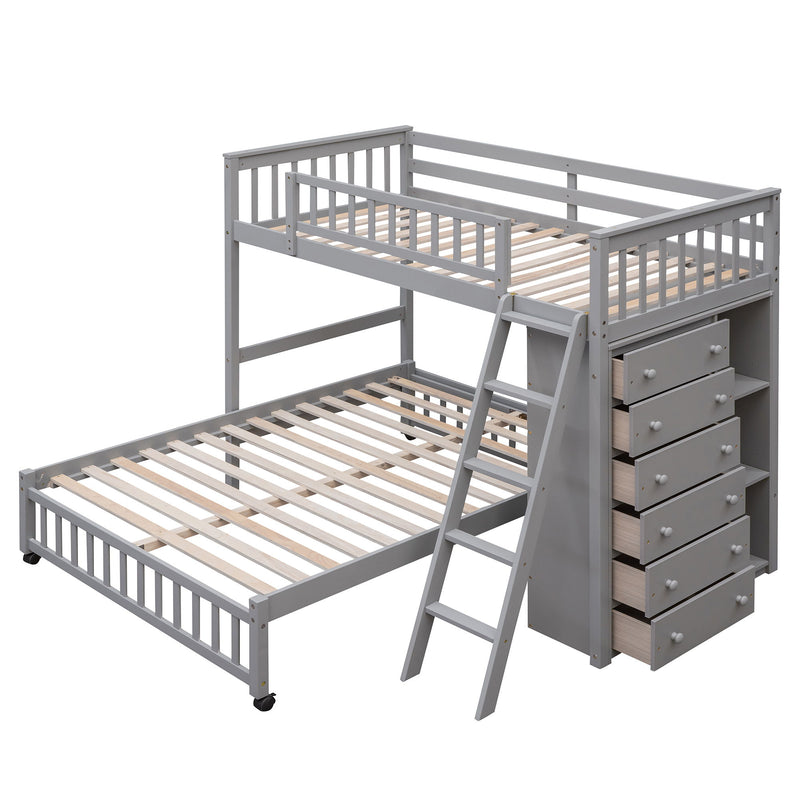 Twin Over Full Bunk Bed With 6 Drawers And Flexible Shelves, Bottom Bed With Wheels - Gray